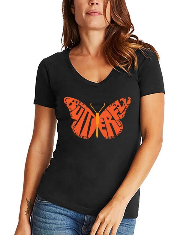 La Pop Art Womens Word Art Butterfly V-Neck T-Shirt Product Image