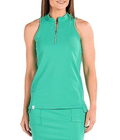 SwingDish Flutter Collection Clarissa Tropic Leaf Sleeveless Quarter Zip Color Block Cut Out Back Detail Top Product Image