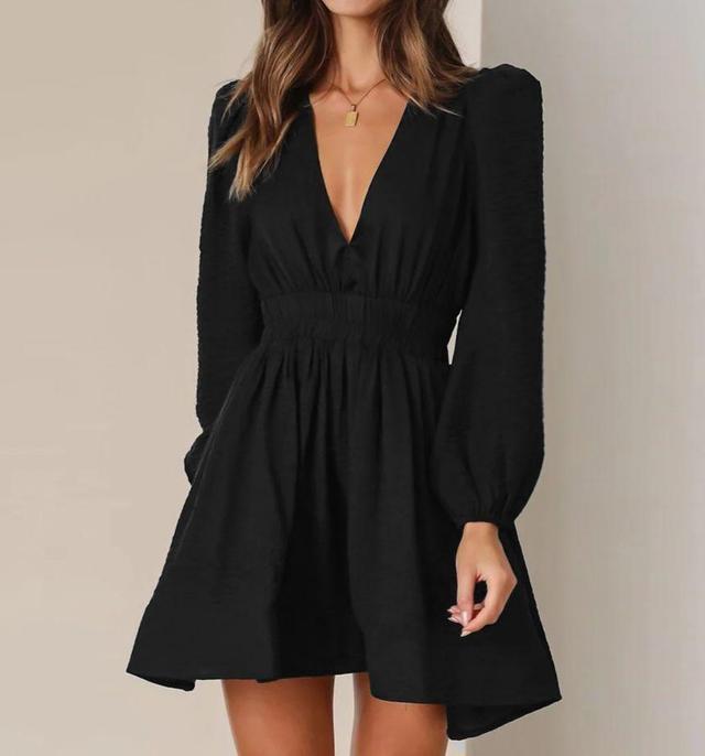 Long-Sleeve V-Neck Plain Mini A-Line Dress Product Image