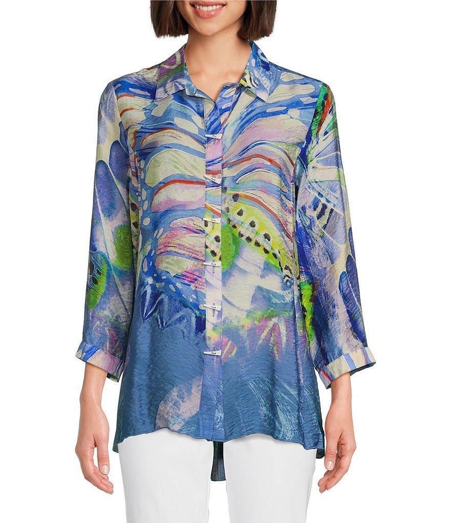 Ali Miles Woven Abstract Butterfly Printed Point Collar 3/4 Sleeve Button-Front Tunic Product Image