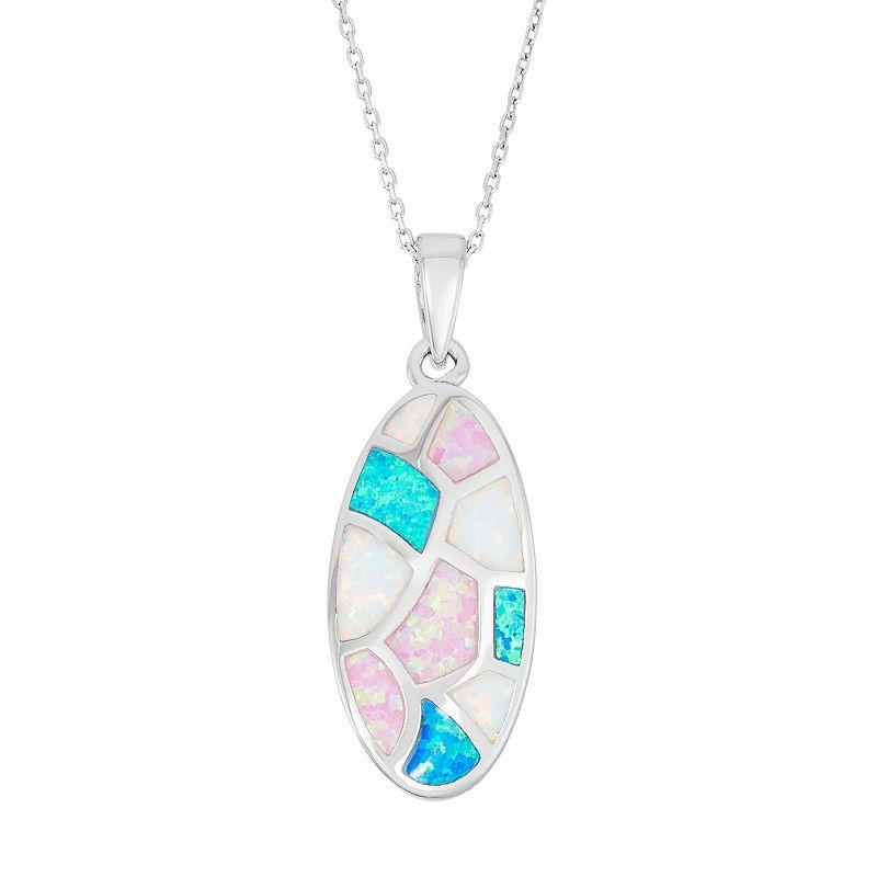 Sterling Silver Lab-Created Opal Oval Pendant Necklace, Womens Multicolor Product Image