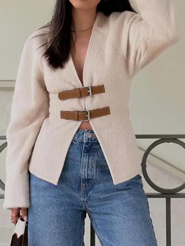 Long Sleeves Loose Buckle Split-Joint V-Neck Outerwear Product Image