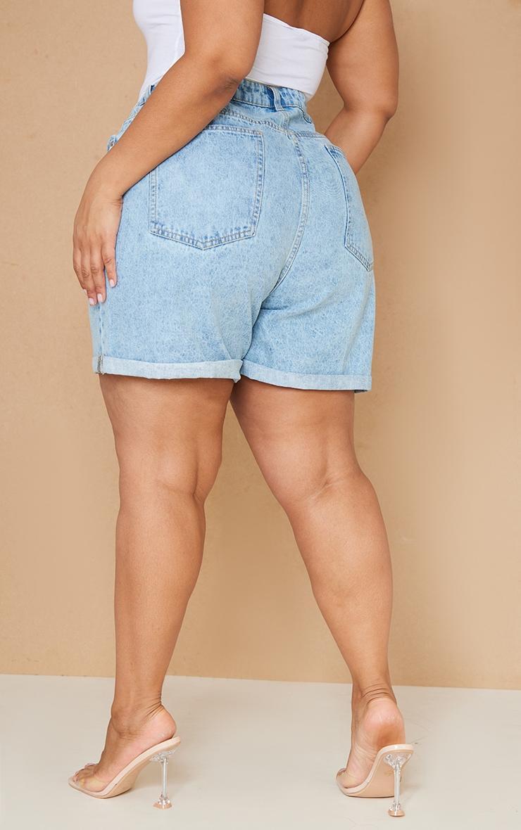 Plus Light Blue Wash High Waisted Turnup Mom Shorts Product Image