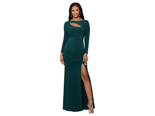 XSCAPE Long Ruched Dress with Cutouts (Dark Pine) Women's Evening Product Image