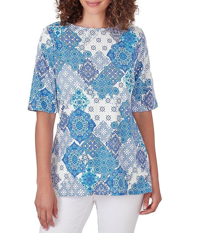 Ruby Rd. Knit Medallion Print Boat Neck 3/4 Sleeve Top Product Image