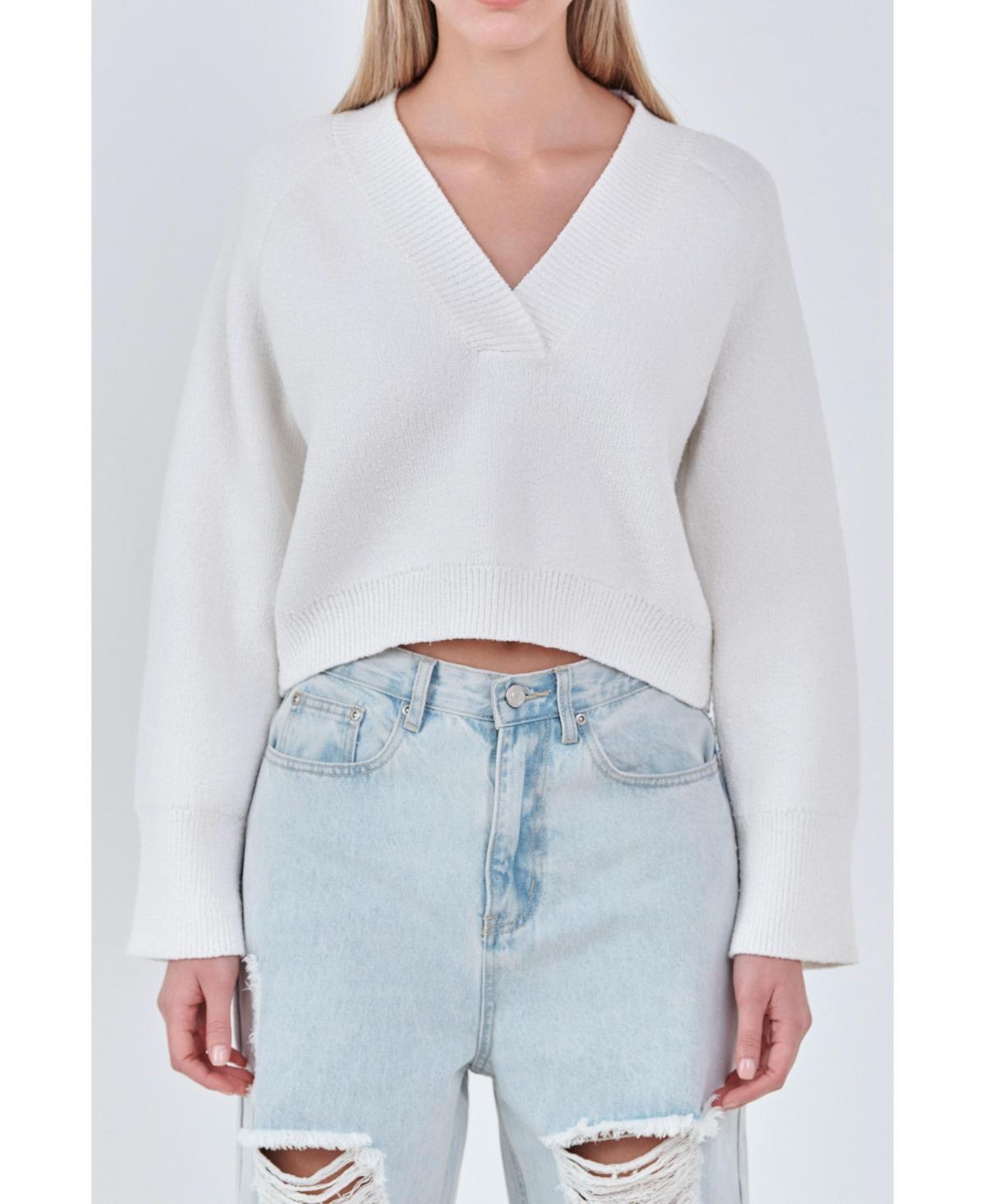 Grey Lab Womens V-neck Cropped Knit Sweater Product Image