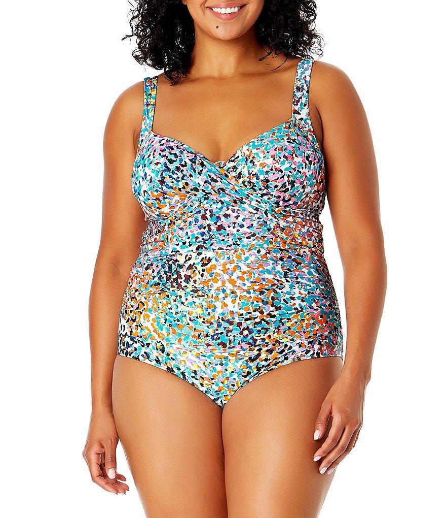 Anne Cole Plus Size Sunset Dot Printed Surplice V-Neck Underwire One Piece Swimsuit Product Image