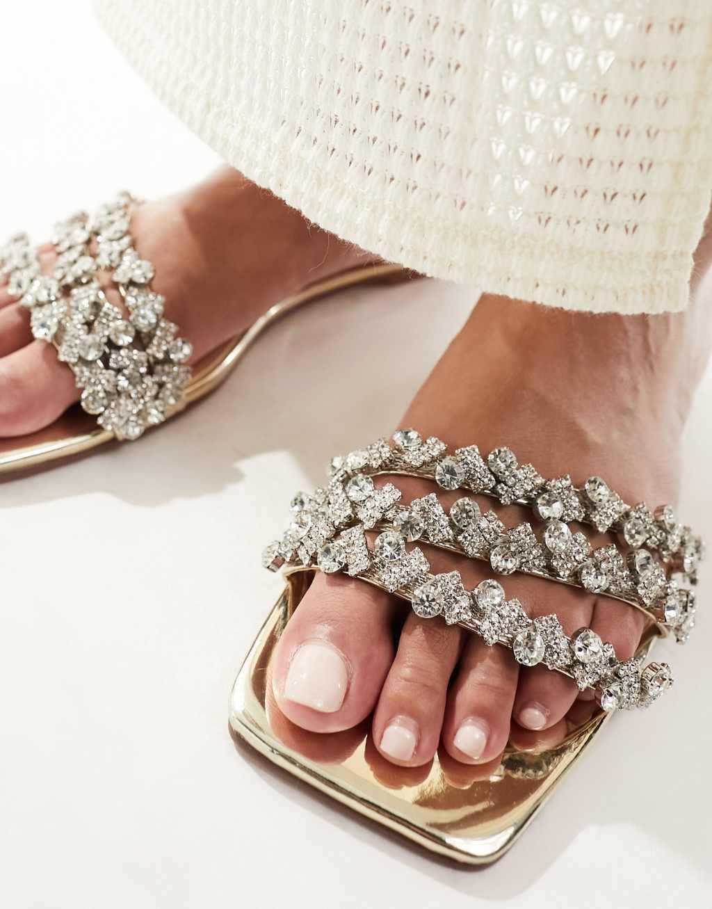 Simmi London Wide Fit Capri embellished flat sandals in gold Product Image