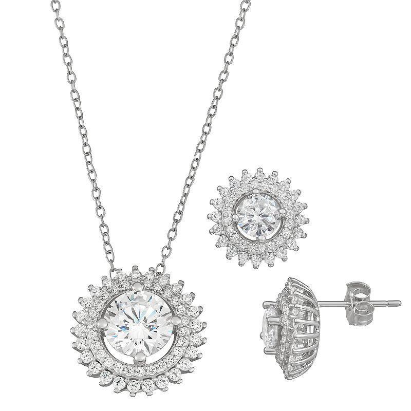 Sterling Silver Cubic Zirconia Sunburst Pendant and Earring Set, Womens Silvertone Product Image