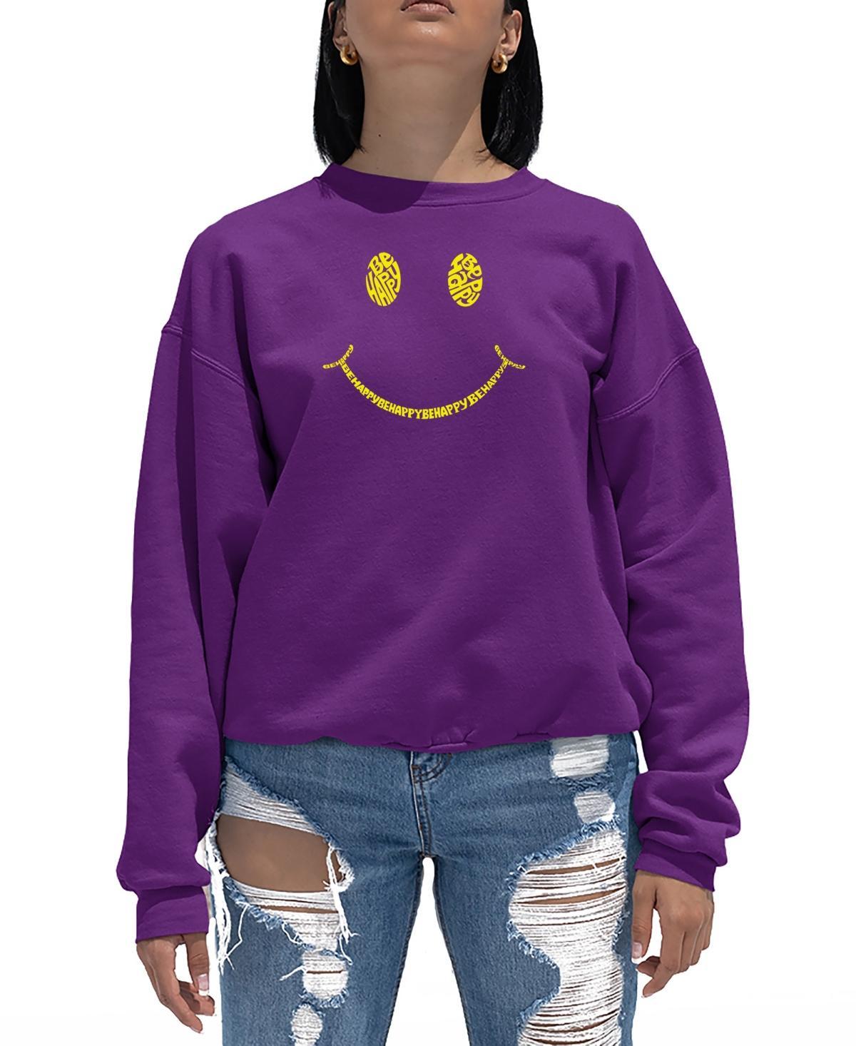 La Pop Art Womens Be Happy Smiley Face Word Art Crewneck Sweatshirt Product Image