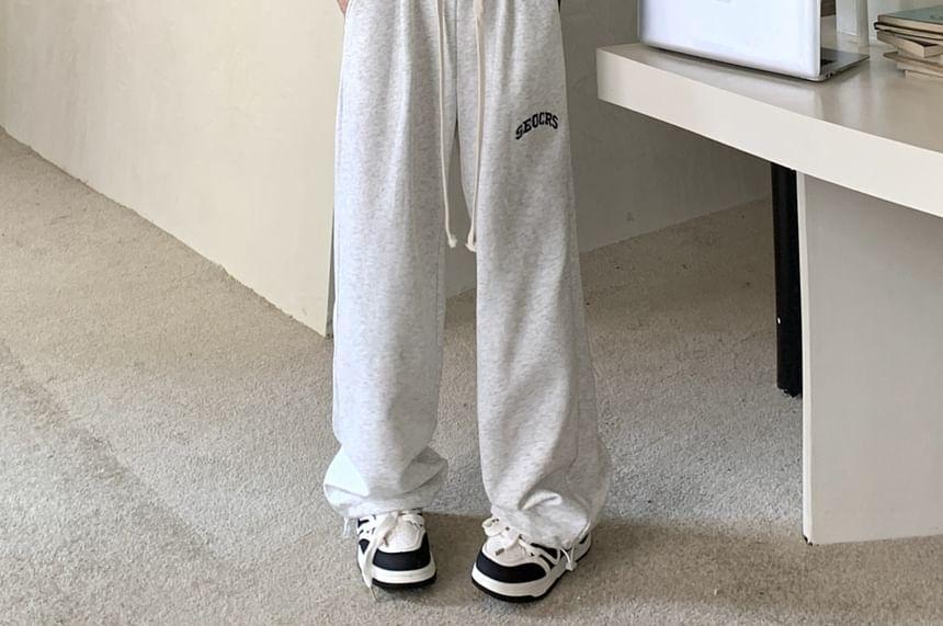 Drawstring Waist Lettering Embroidered Panel Wide Leg Sweatpants Product Image