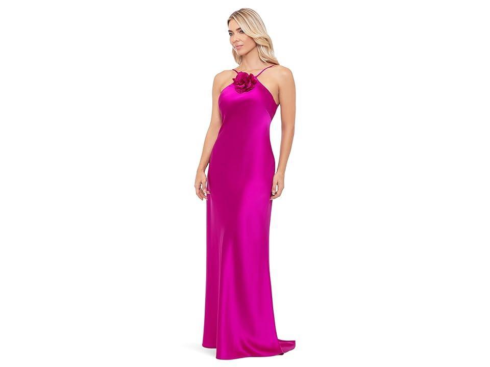 XSCAPE Long Satin Flower Trim (Magenta) Women's Dress Product Image