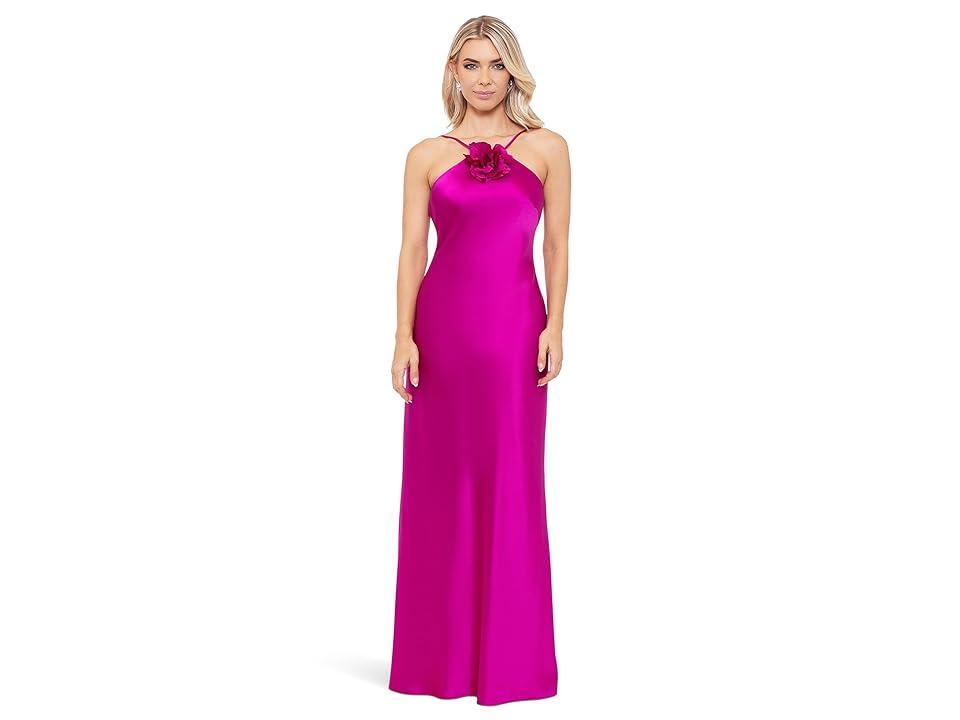 XSCAPE Long Satin Flower Trim (Magenta) Women's Dress Product Image