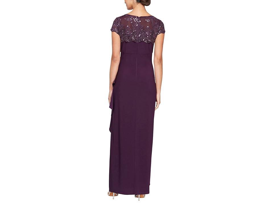 Alex Evenings Long Empire Waist Dress with Cascade Skirt and Embroidered Neckline (Eggplant) Women's Dress Product Image