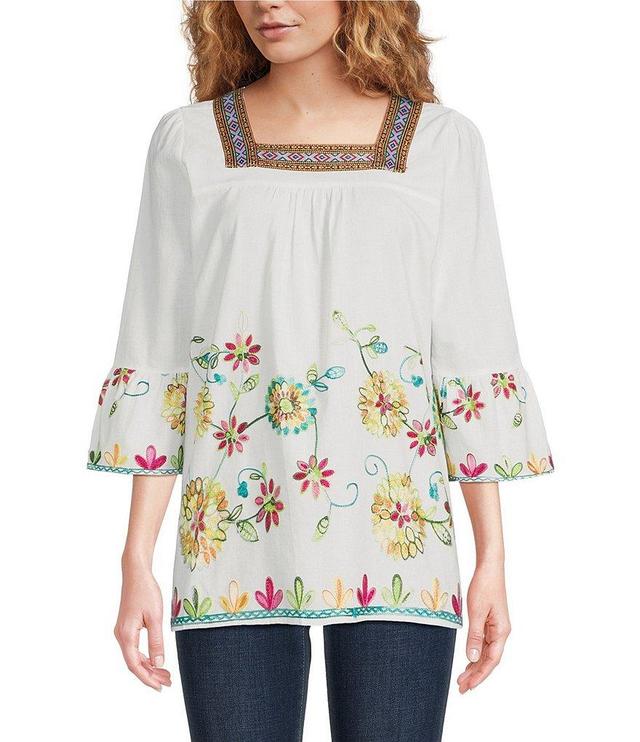 Calessa Petite Size Floral Borderer Embroidered Square Neck 3/4 Sleeve Tunic Product Image