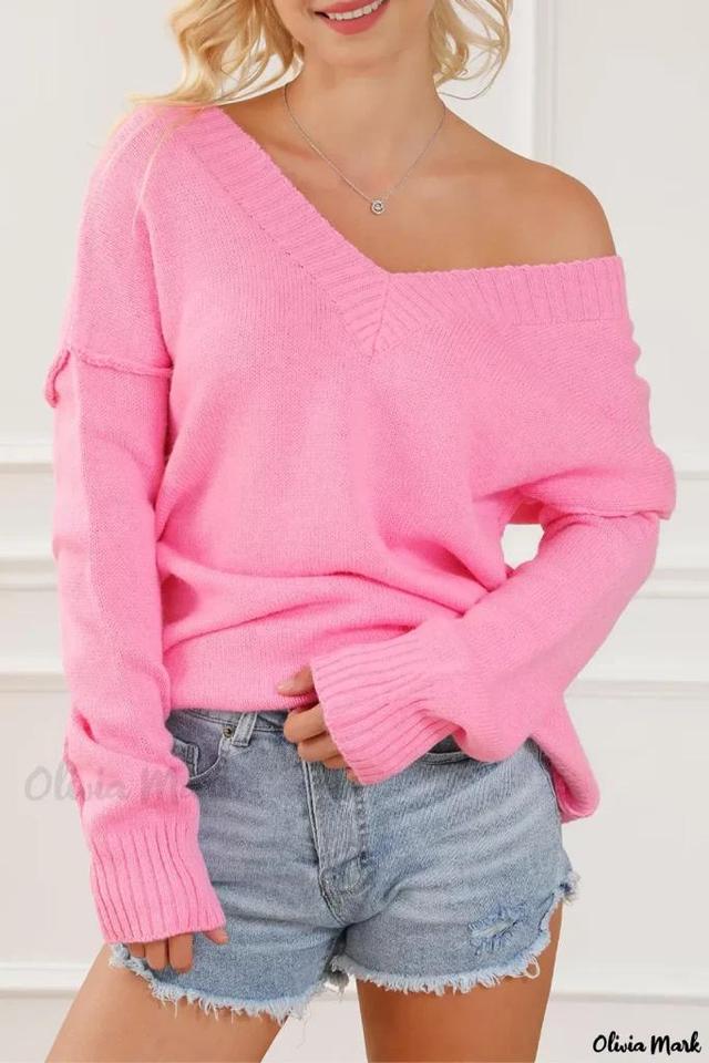 Olivia Mark – Blush Exposed Seam V Neck Relaxed Fit Knit Sweater Product Image