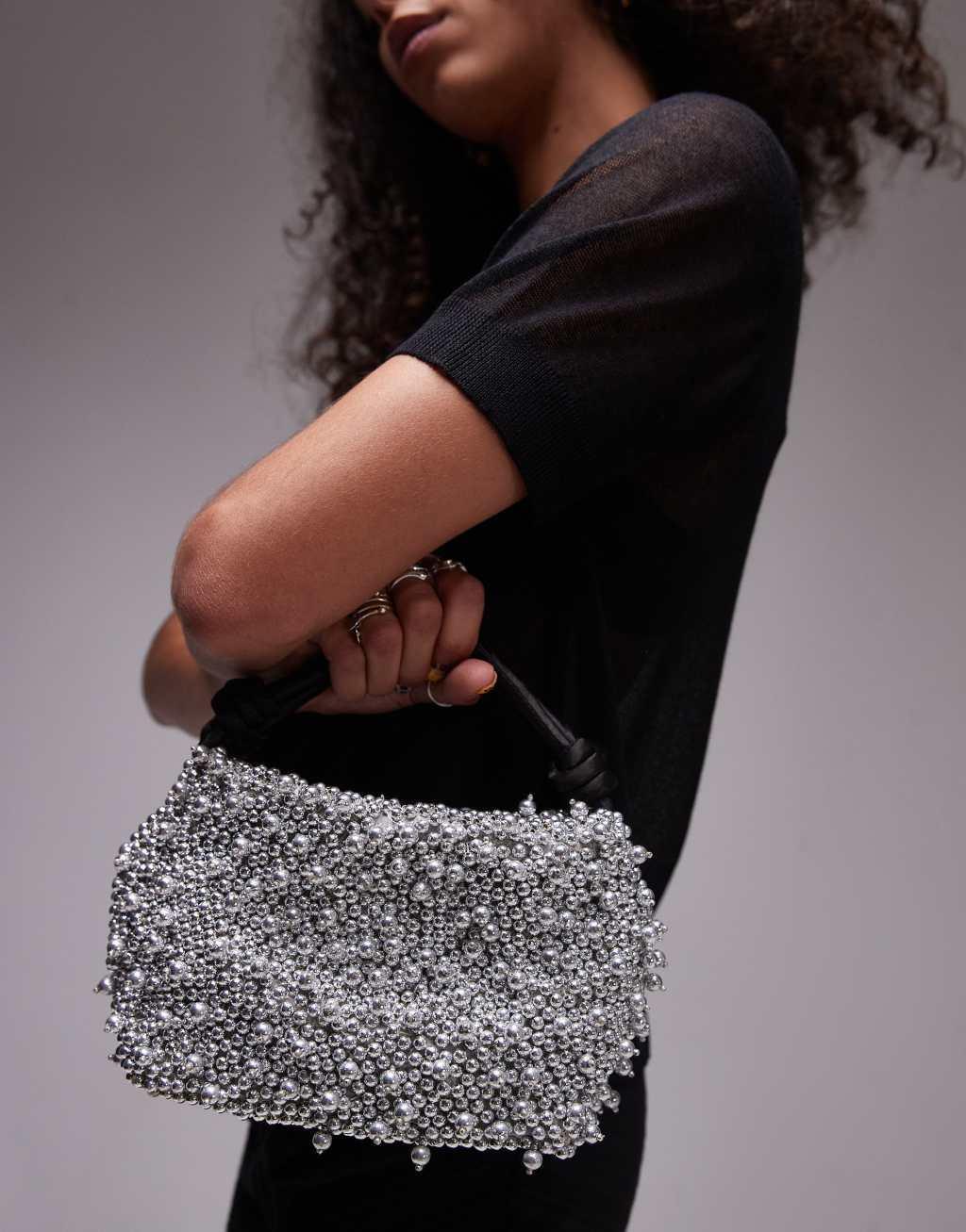 Topshop Gru embellished grab bag in silver beading Product Image