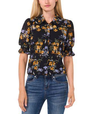 Women's Puffed Short-Sleeve Button-Down Blouse Product Image