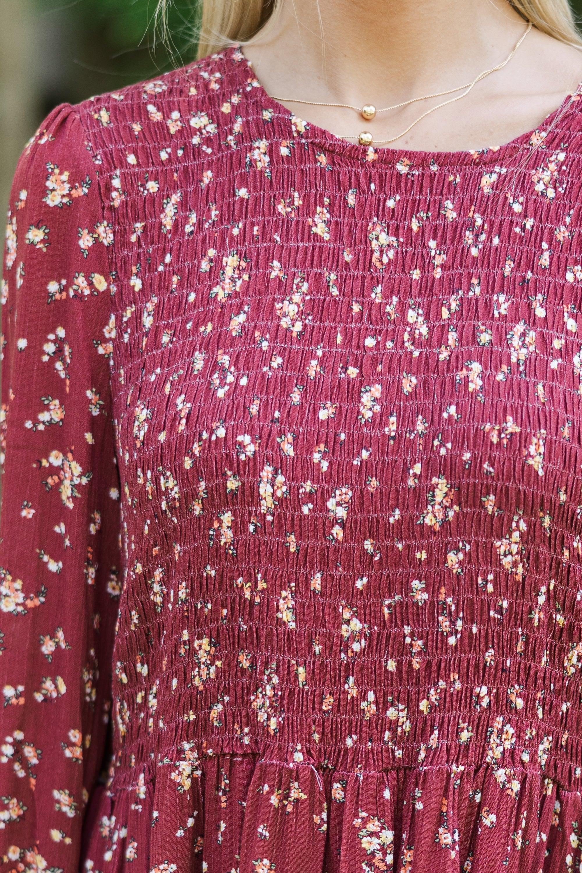 Getting Close Burgundy Red Ditsy Floral Blouse Female Product Image