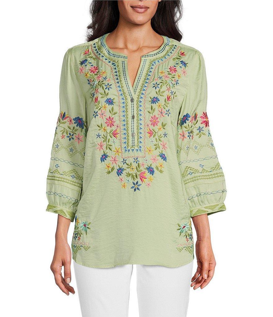 John Mark Embroidered Y-Neck 3/4 Sleeve Printed Back Tunic Product Image