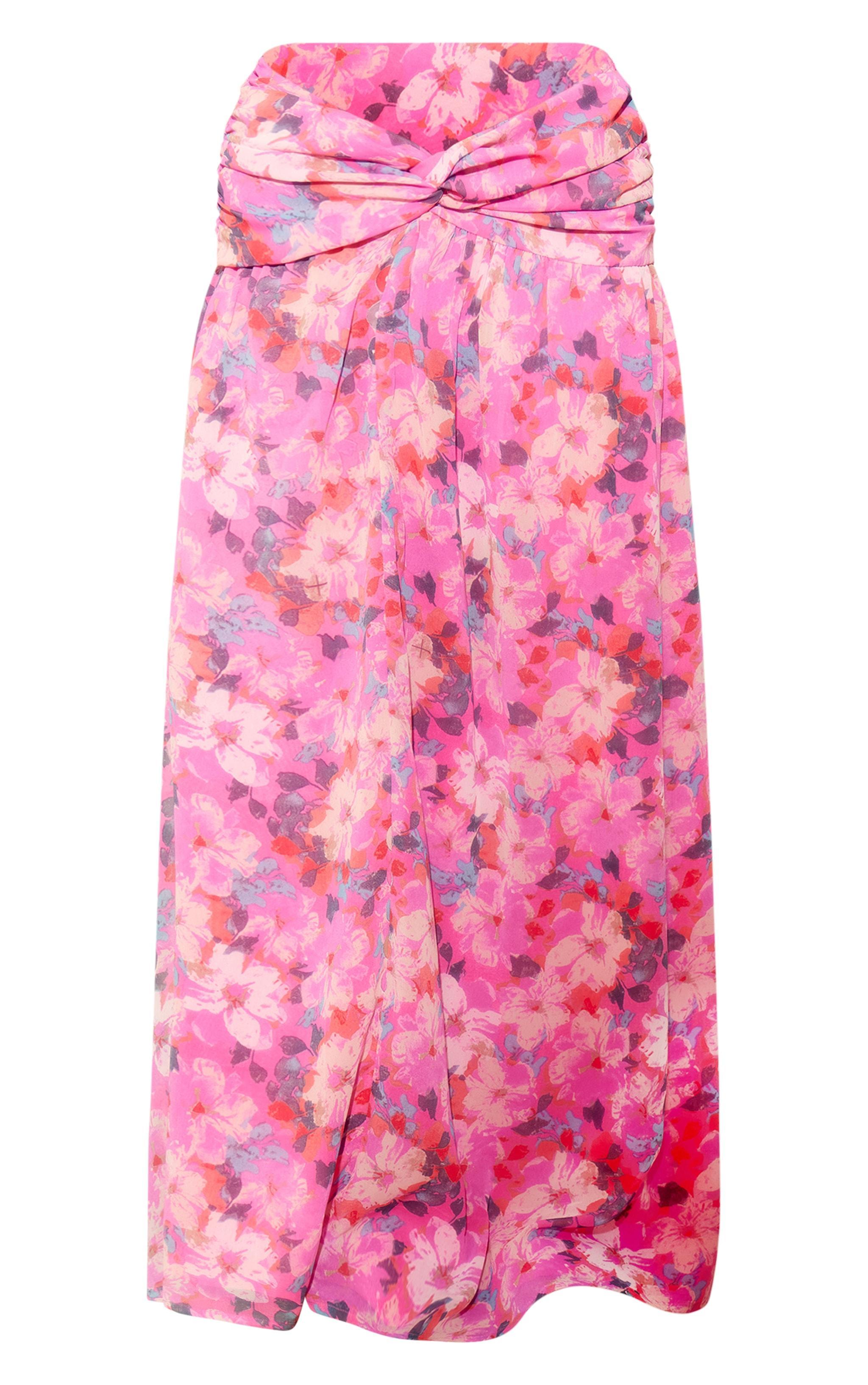 Hot Pink Floral Print Twist Front Maxi Skirt Product Image