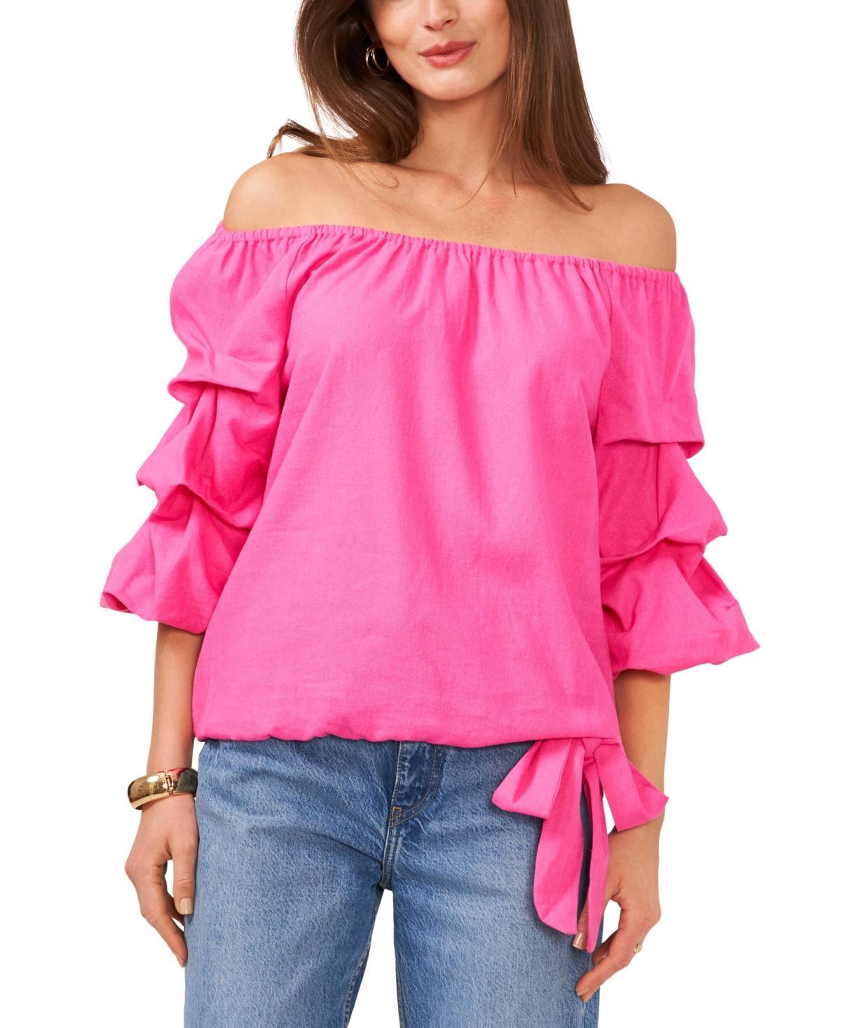 Women's Linen-Blend Off The Shoulder Bubble Sleeve Tie Front Blouse Product Image