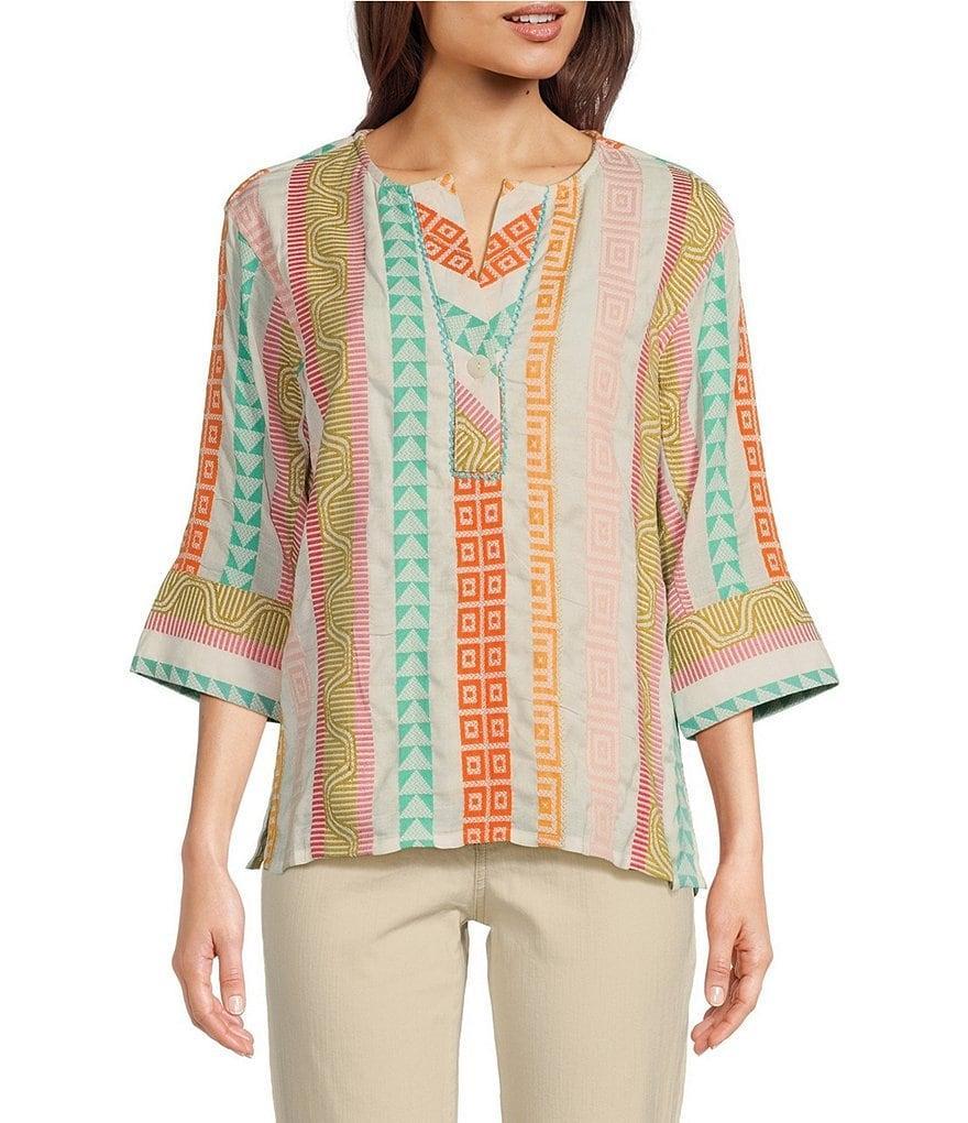 Tru Luxe Jeans Y-Neck 3/4 Sleeve Yarn Dye Stripe Tunic Product Image