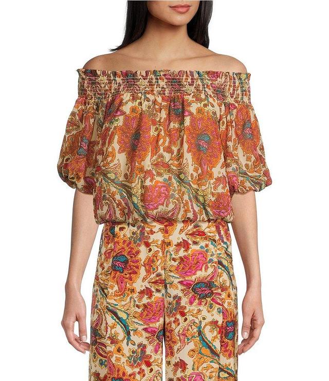 Jessica Simpson Alma Paisley Printed Off-The-Shoulder Puffed Sleeve Coordinating Blouse Product Image