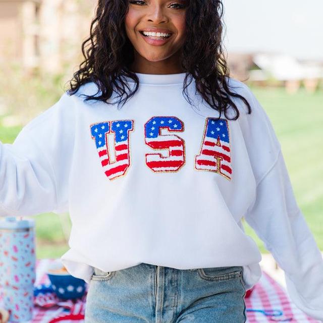 USA Flag Chenille Patch White Oversized Graphic Sweatshirt FINAL SALE Product Image