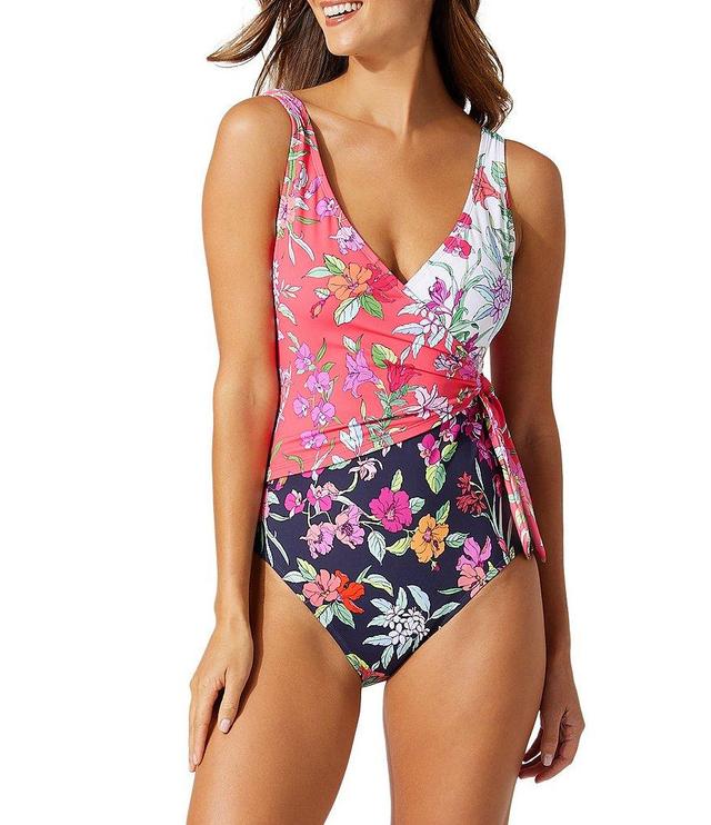 Tommy Bahama Summer Floral Surplice V-Neck Wrap Front One Piece Swimsuit Product Image