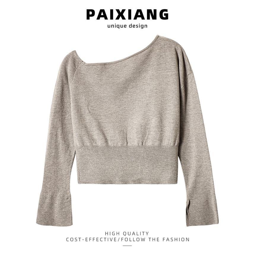 Long-Sleeve Asymmetrical Neck Button Hem Knit Top Product Image