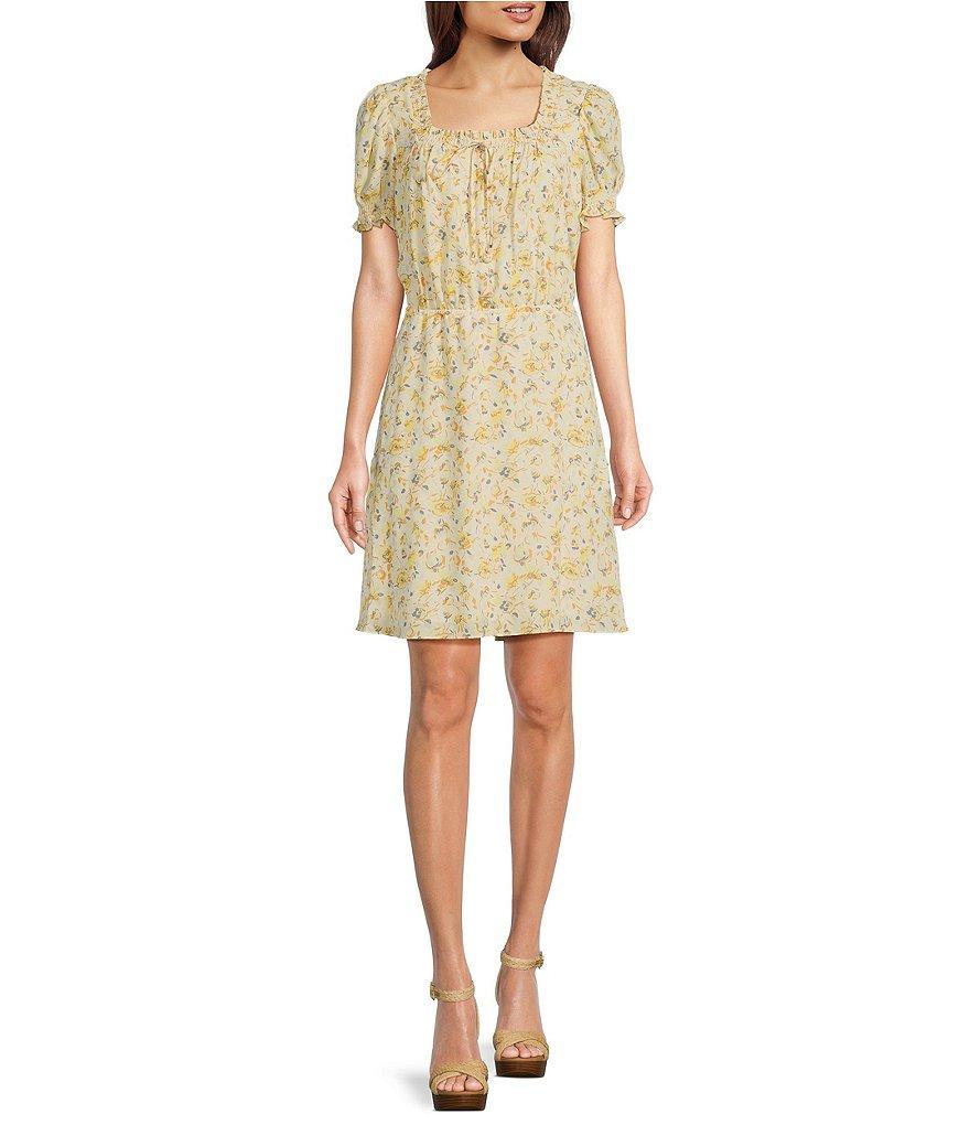 Lauren Ralph Lauren Floral Georgette Square Neck Puff Short Sleeve Dress Product Image