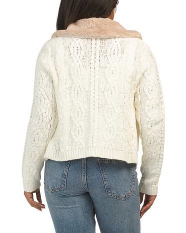 Long Sleeve Cable Knit Cardigan With Faux Fur Collar for Women | Acrylic Product Image