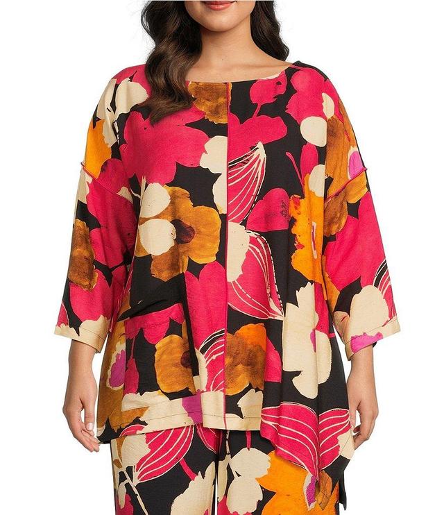 IC Collection Plus Size Woven Floral Print Round Neck 3/4 Sleeve Asymmetric Hem Tunic Product Image