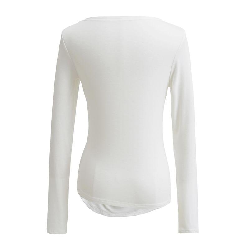 Long Sleeve V-Neck Plain Ruched Top Product Image