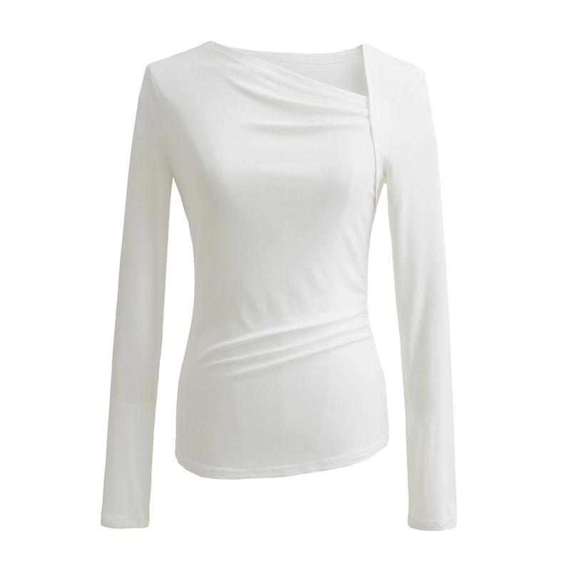 Long Sleeve V-Neck Plain Ruched Top Product Image