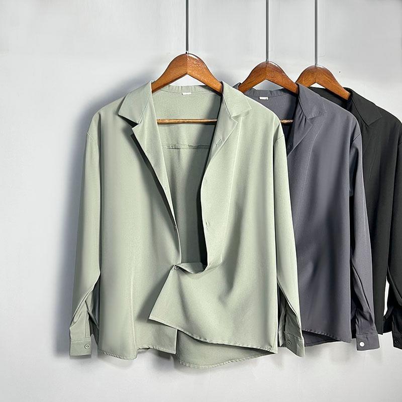 Long-Sleeve Lapel Collar Plain Button-Up Shirt Product Image