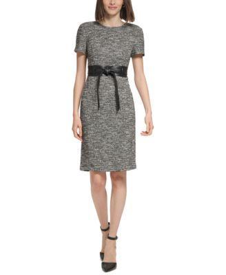 Petite Tweed Tie-Front Short-Sleeve Dress Product Image