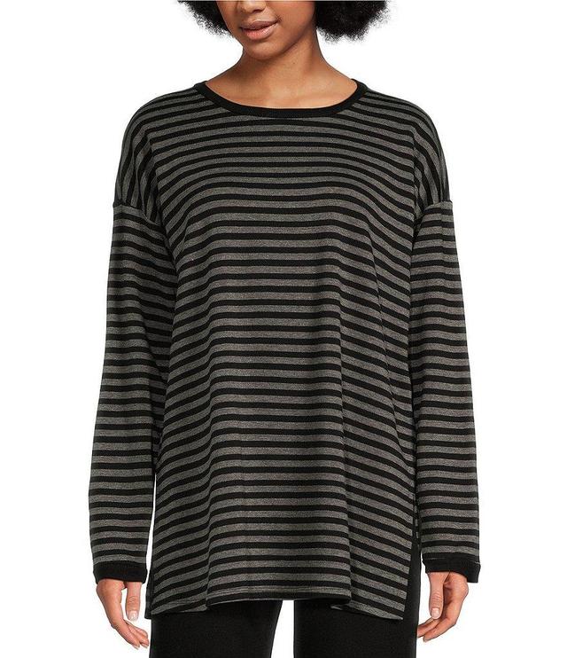 Eileen Fisher Striped Cozy Brushed Terry Round Neck Long Sleeve Long Boxy Top Product Image