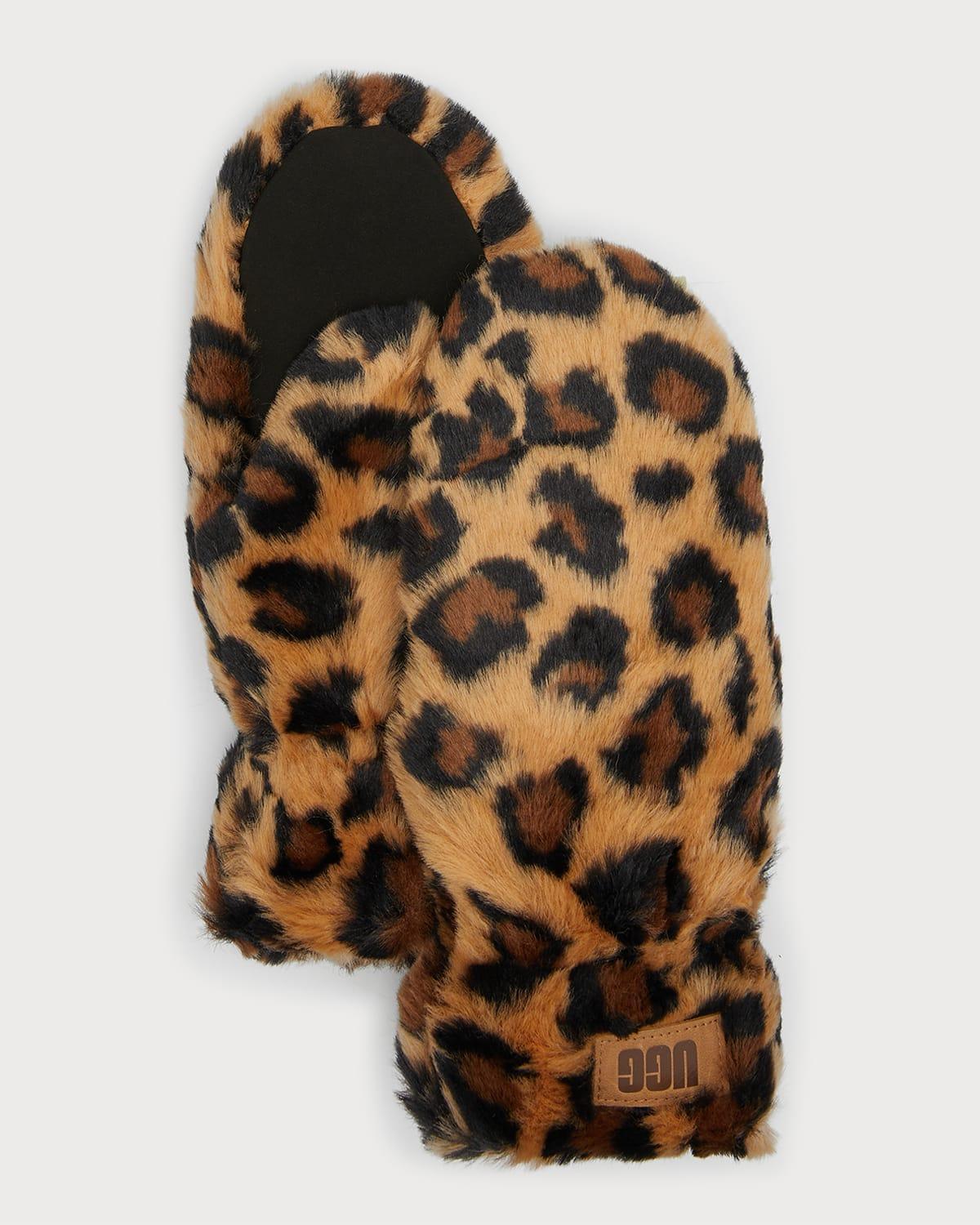 Quilted Leopard-Print Faux Fur Mittens Product Image