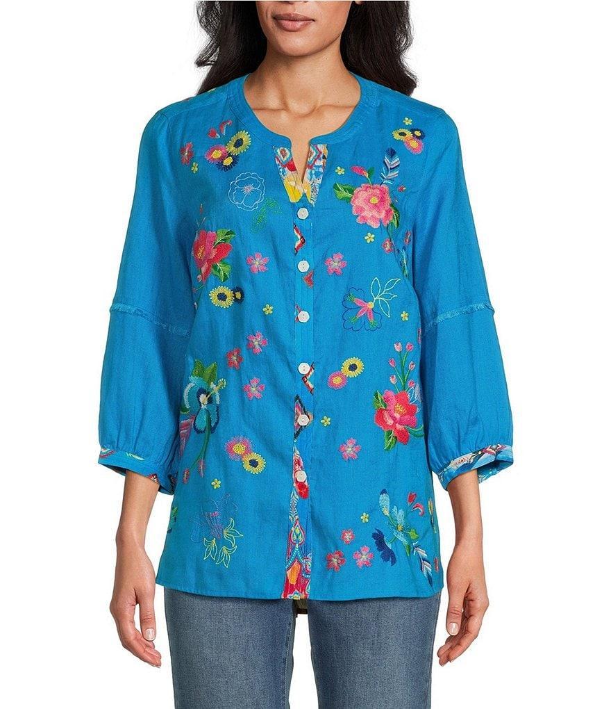 John Mark Floral Embroidered Round Neck 3/4 Sleeve Button-Front Tunic Product Image