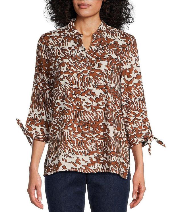 Allison Daley 3/4 Tie Sleeve Y-Neck Button Front Peached Twill Blouse Product Image