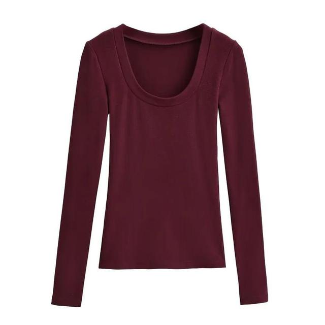 Long Sleeve Scoop Neck Plain Crop T-Shirt Product Image