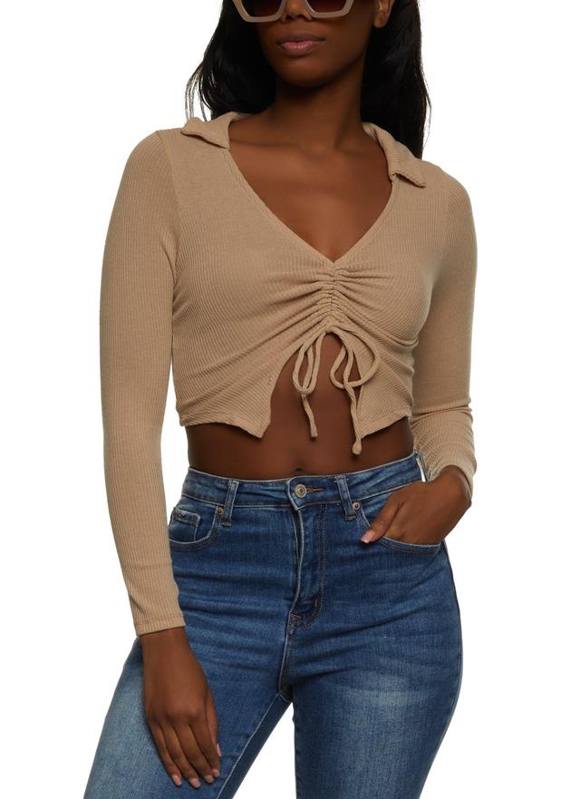 Womens Rib Knit Ruched Tie Front Top Product Image