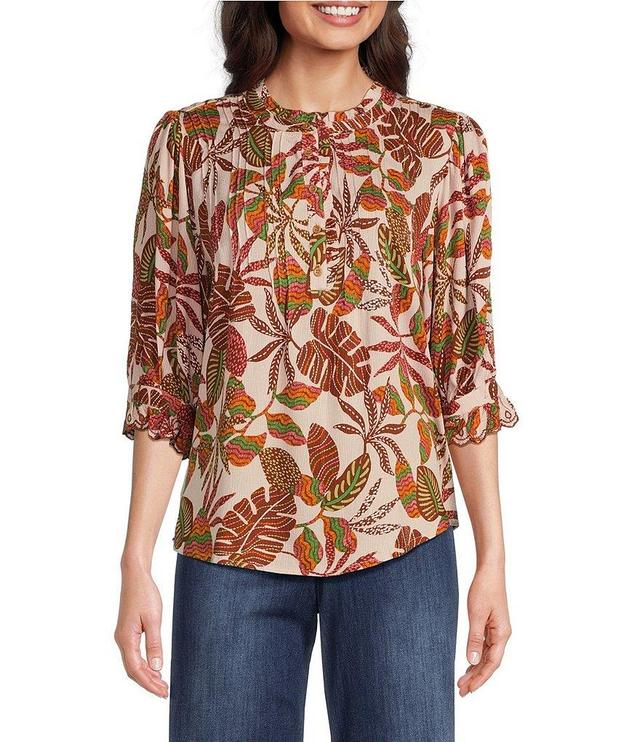 Democracy Embroidered Leaf Print Round Ruffle Neck Elbow Sleeve Pintuck Woven Top Product Image