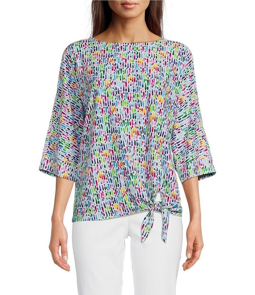 Ali Miles Line Multi Print Knit Scoop Neck 3/4 Sleeve Side Tie Hem Popover Tunic Product Image