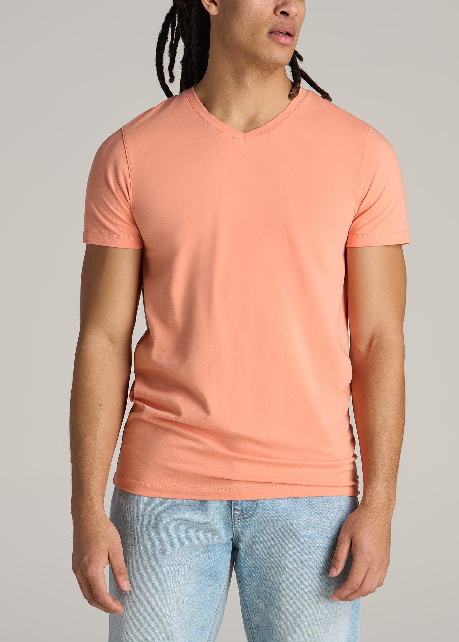 Stretch Cotton MODERN-FIT V-Neck T-Shirt for Tall Men in Apricot Crush Male Product Image