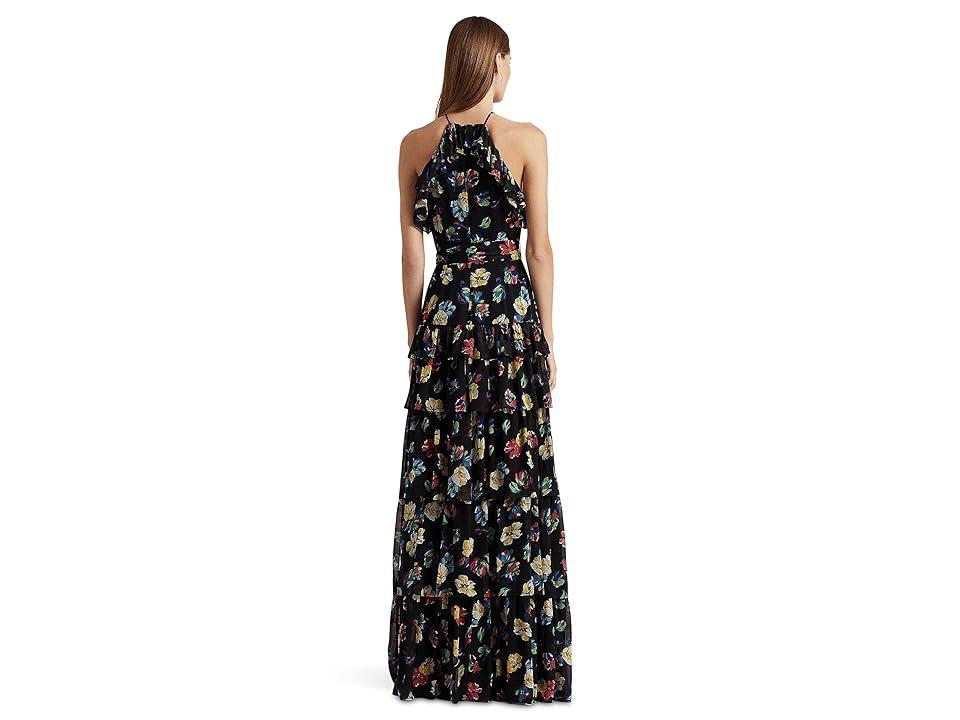 LAUREN Ralph Lauren Floral Ruffle-Trim Georgette Halter Gown Multi) Women's Clothing Product Image