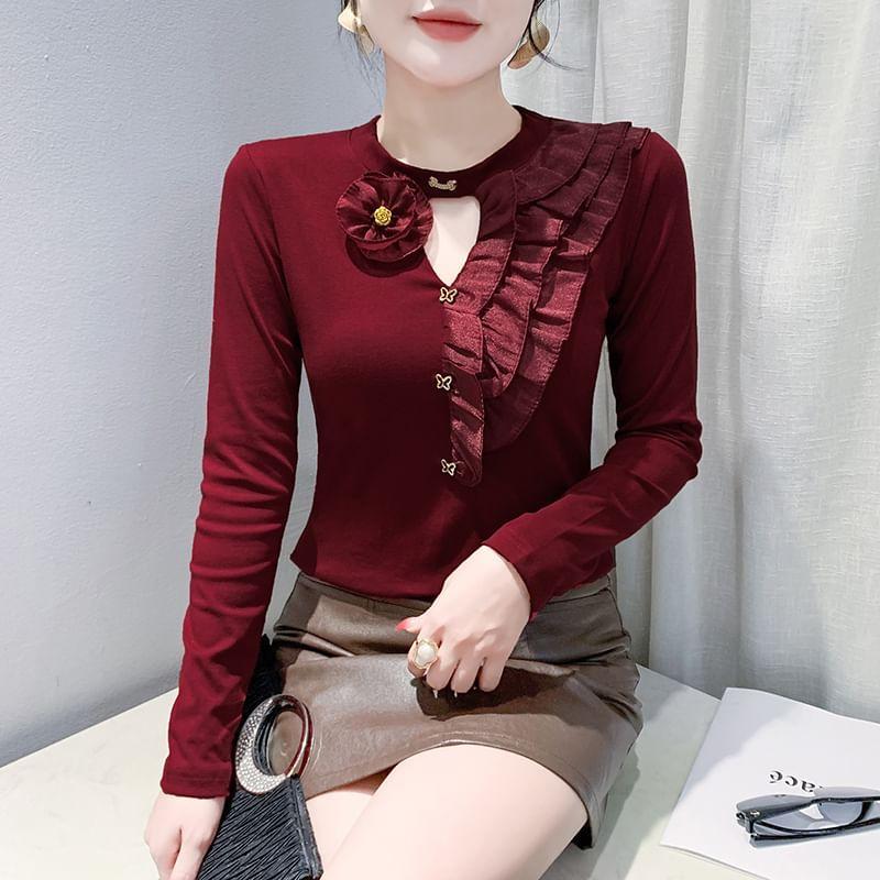 Long-Sleeve Round Neck Plain Floral Accent Frill Trim Cutout Slim Fit T-Shirt Product Image