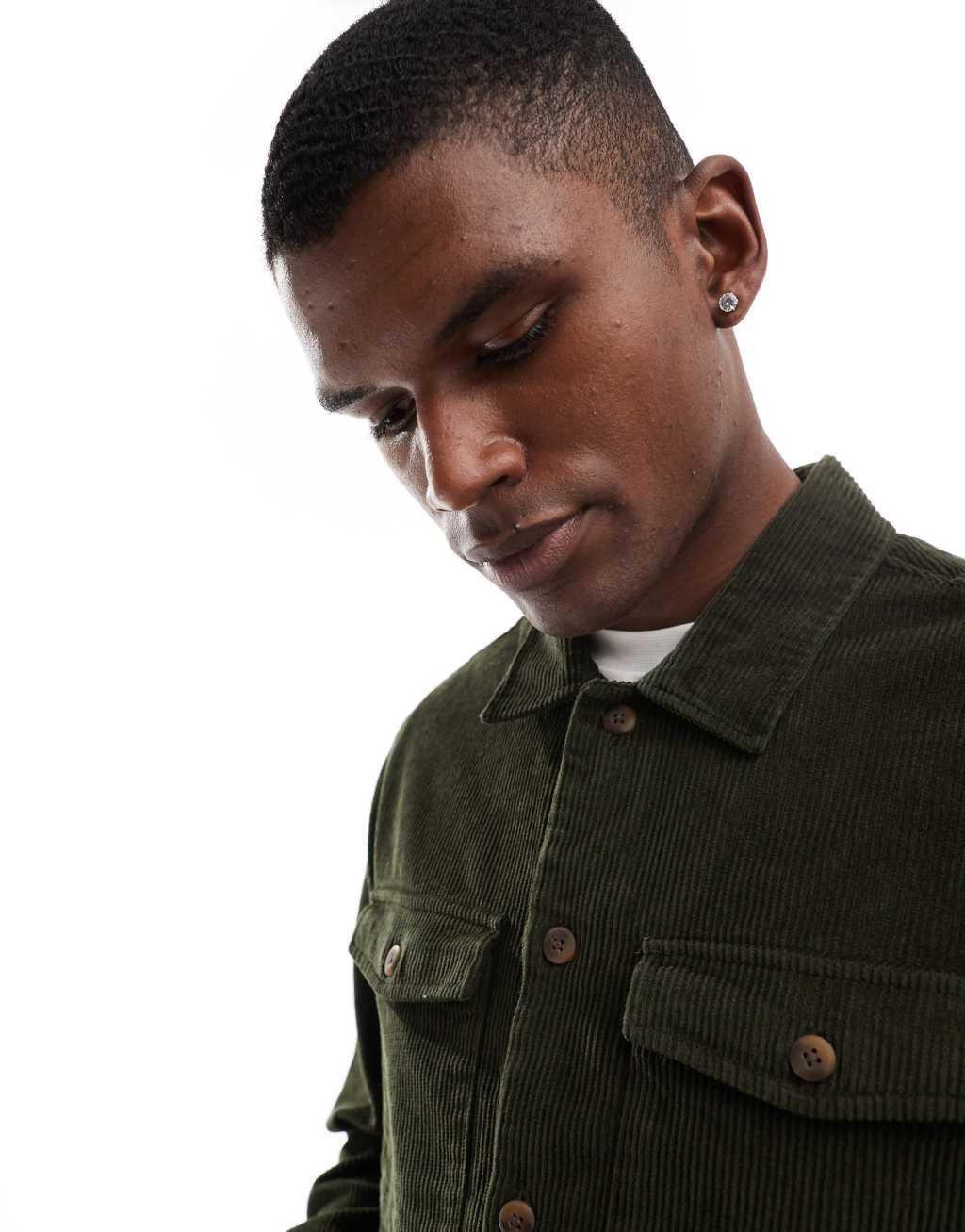 Jack & Jones oversized cord overshirt in khaki Product Image